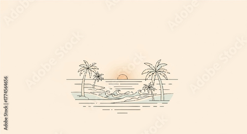 Minimalist digital illustration of a tropical beach scene at sunset with palm trees and gentle waves