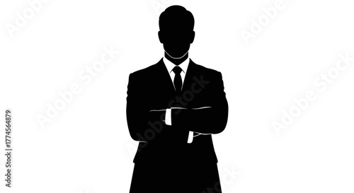Businessman Silhouette – Confident Figure in Suit and Tie with Arms Crossed on White Background