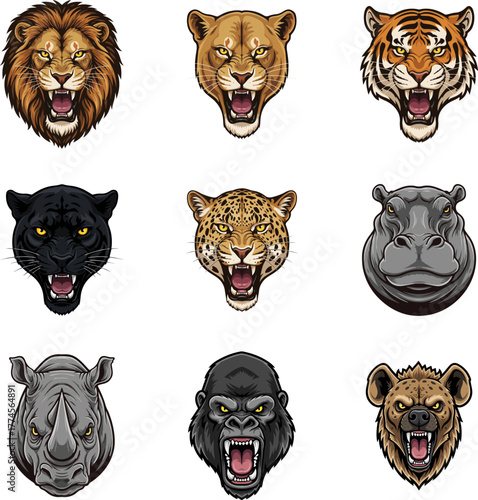 Set of icons of African and tropical predators, icons of predatory animals with a roaring mouth and an aggressive look, icons of animal heads, lion, lioness, tiger, cheetah, puma, hippopotamus, rhinoc