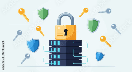 Cybersecurity Concept with Servers, Padlock, Shields, and Keys