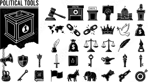 Political Tools: Hand-Drawn Icons Representing Law, Governance, and Democracy