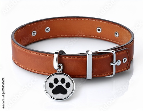 brown leather dog collar with a paw print tag isolated on white background