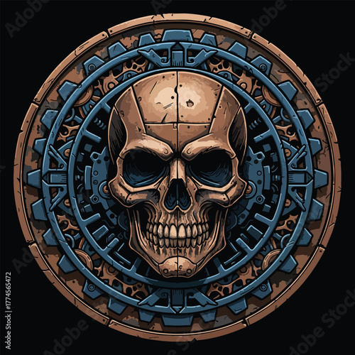Intricate steampunk skull emblem with gears and mechanical details on a dark background