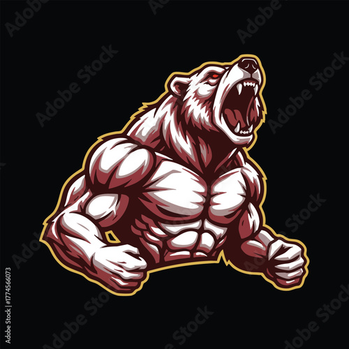 Mascot of a powerful muscular grizzly bear roaring on a black background fierce animal illustration