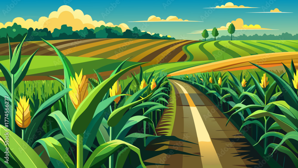 Obraz premium Very beautiful close-up view of a cornfield along Route 30 in Iowa, USA, showcasing lush green corn stalks, the rural roadside, and the rich agricultural landscape of the Midwest.