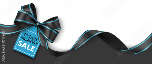 Cyber monday sale design template. Decorative black bow with blue price tag and long ribbon. Vector illustration.	