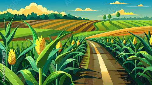 Very beautiful close-up view of a cornfield along Route 30 in Iowa, USA, showcasing lush green corn stalks, the rural roadside, and the rich agricultural landscape of the Midwest.