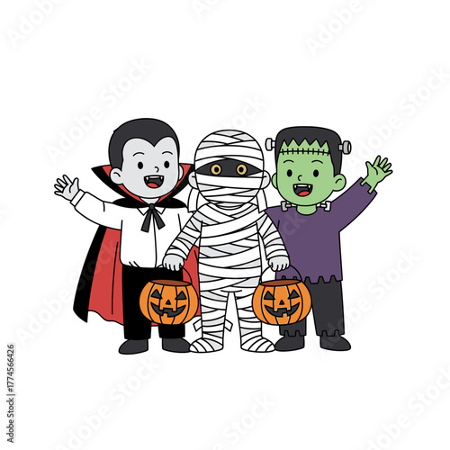 Halloween Trio - Vampire, Mummy, and Frankensteins Monster Trick-or-Treating.