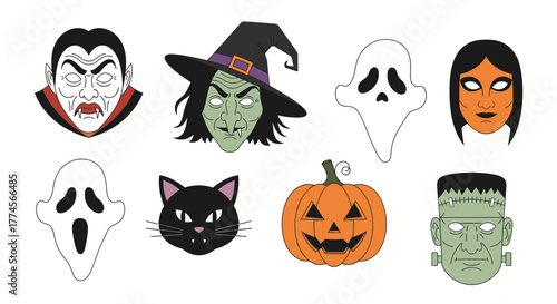 Halloween Icons - Vampire, Witch, Ghost, Zombie, Cat, Pumpkin, Frankenstein.