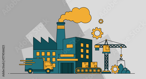 Industrial factory logistics and manufacturing illustration with crane truck and conveyor belt
