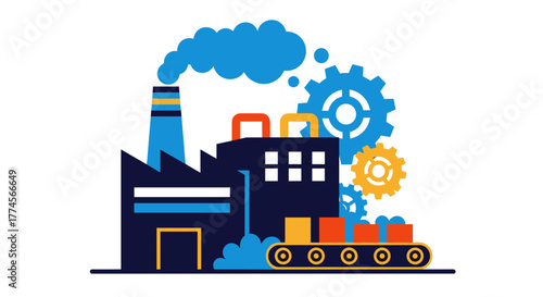 Industrial factory vector icon showing production manufacturing gears and pollution
