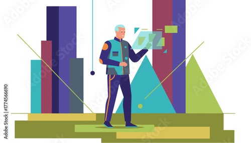 Elderly man interacts with virtual data screen and futuristic bar charts