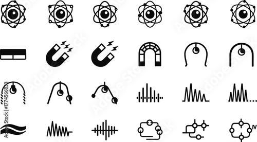 Collection of science and physics icons representing atoms magnets waves and graphs isolated on transparent background