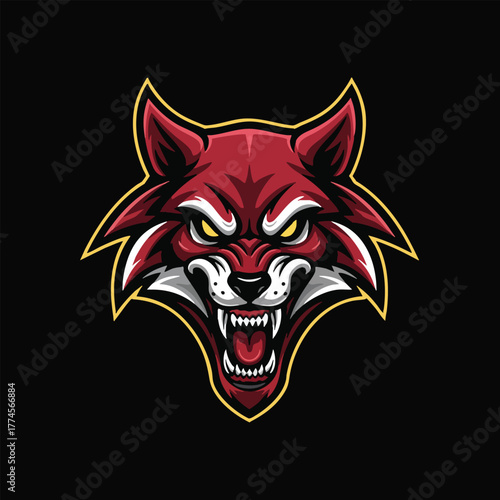 Fierce Red Fox Mascot Head with Sharp Teeth and Intense Eyes on Black Background