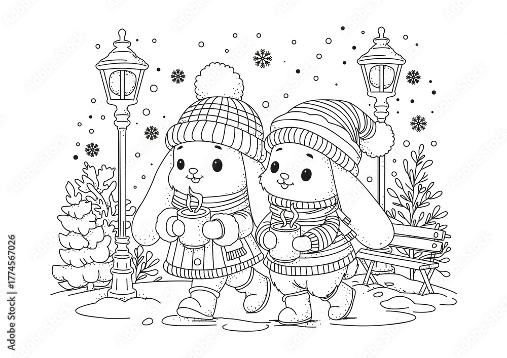 Naklejka premium Cute bunnies strolling in winter, holding mugs of hot cocoa in their paws. Coloring page. Black and white illustration for coloring.
