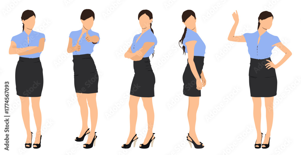 Obraz premium Set of elegant business young woman in different poses set. Various gestures Isolated vector illustration
