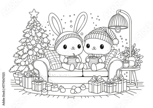 Two cute bunnies sit on the couch and drink hot cocoa. The atmosphere is Christmas and New Year. Black and white illustration for coloring.