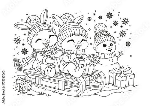 Two cute bunnies ride past a snowman on a sleigh carrying gift boxes. The atmosphere is Christmas and New Year. Coloring page.