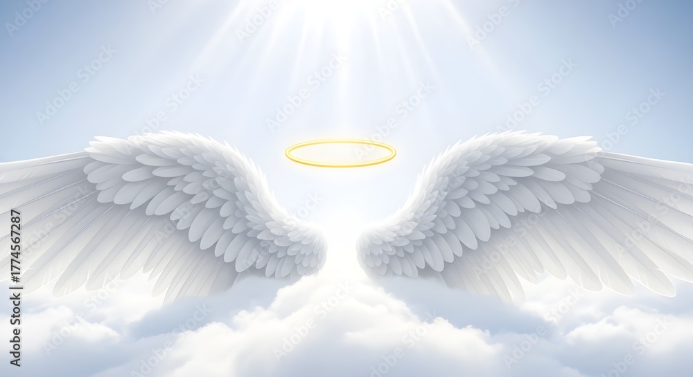 Fototapeta premium Realistic photograph of white angel wings placed on a soft cloud surface with a glowing golden halo above, representing purity, holiness, and divine peace for All Saints Day