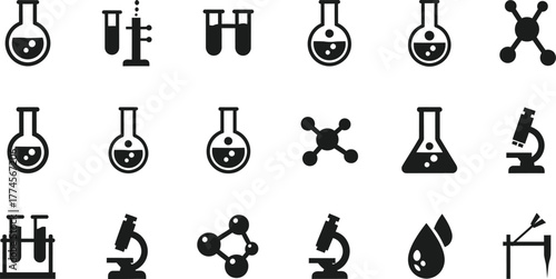Collection of scientific laboratory equipment and molecular structures isolated on transparent background