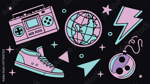 Retro 80s 90s Pop Culture Objects and Shapes Illustration