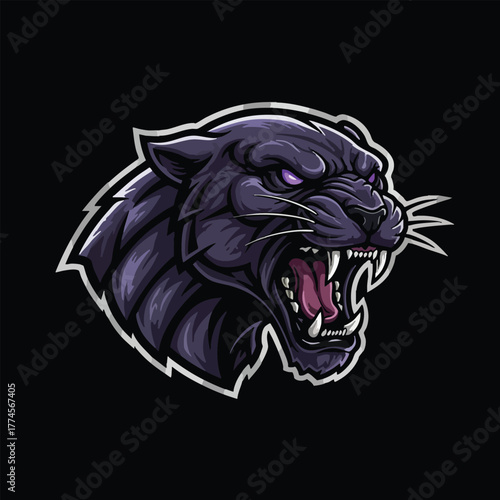Fierce black panther head illustration aggressive predator roar design on black background