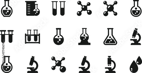 Collection of scientific laboratory equipment and molecular structures icons isolated on transparent background
