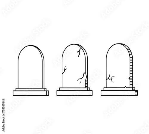 Tombstone outlines isolated on white background, depicting simple gravestone designs, symbolizing remembrance, mourning, and the passage of time