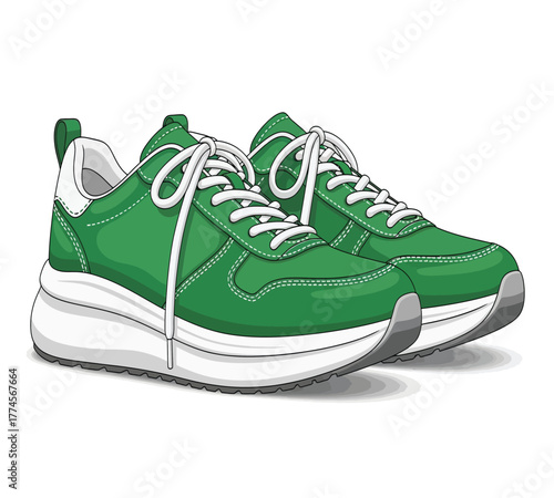 A pair of green sneakers with white laces isolated on white background, showcasing a sporty and casual footwear option for everyday wear and athletic activities