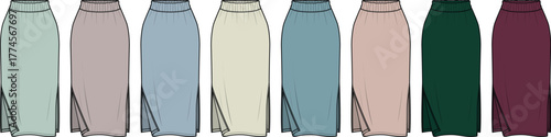 Elegant long skirts vector set in varied pastel colors with slit for design projects