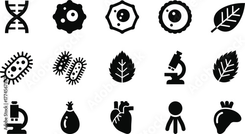 Collection of scientific and biological icons including dna cells bacteria leaves microscope heart and root vegetable isolated on transparent background