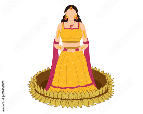 indian bride in a haldi dress sitting pose in lotus uruli indian wedding sangeet ceremony vector illustration