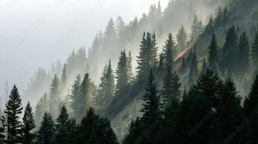 Obraz premium Mountain slope densely packed with evergreen trees shrouded in a soft, ethereal mist, touched by sunlight