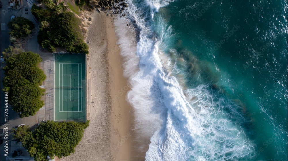 Fototapeta premium Aerial view of a coastal tennis court near crashing waves at sunset