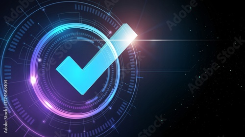 Neon cyber checkmark in futuristic HUD circle, digital verification tick, security compliance approved.