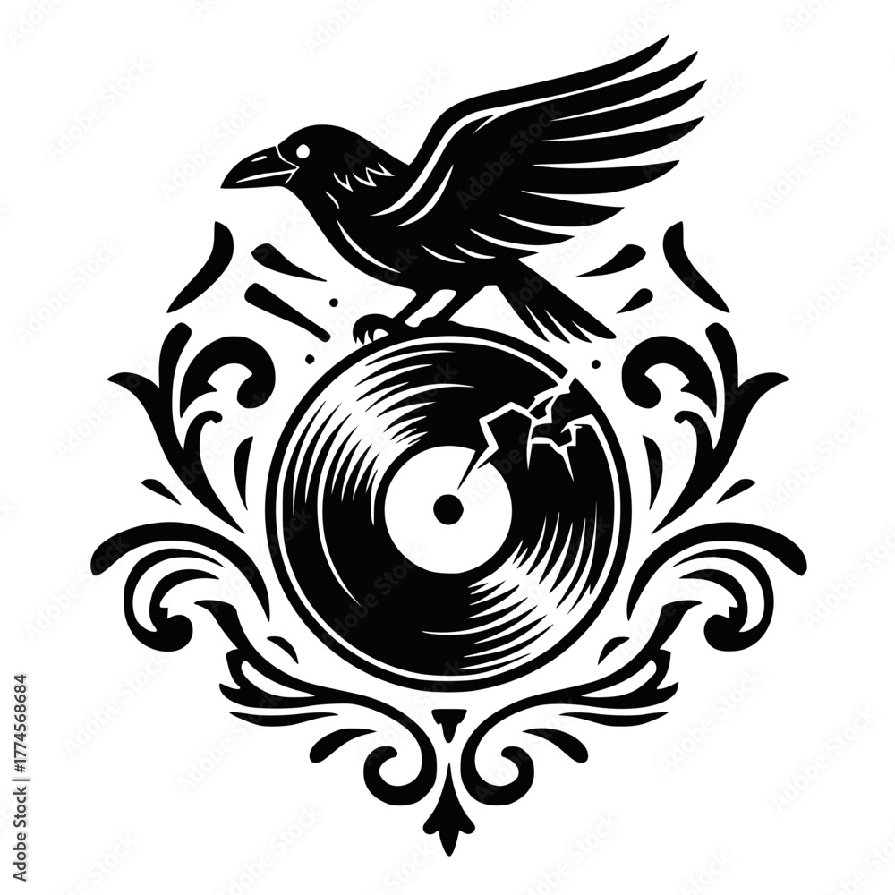 Fototapeta premium Flying Raven and Shattered Vinyl Record 