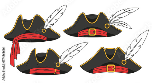 Pirate Hats Collection - Classic Tricorn Designs with Feathers and Red Accents.