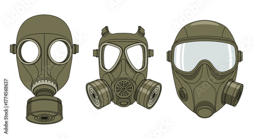 Three Olive Green Gas Masks for Protection Against Airborne Hazards.