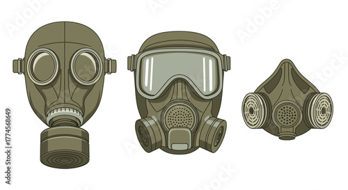 Three Gas Masks - Protection Against Airborne Hazards and Chemical Threats.