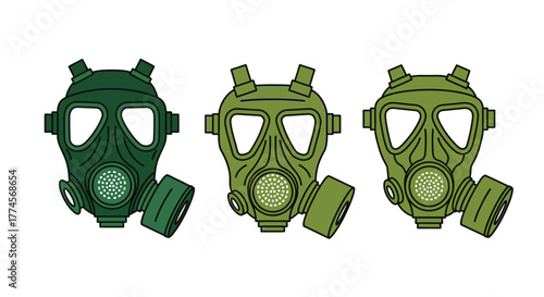 Three Green Gas Masks in a Row.