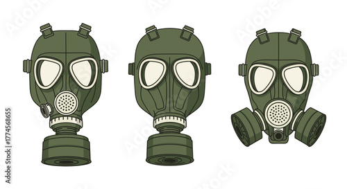 Three Green Gas Masks for Protection Against Harmful Substances.