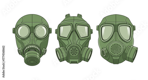 Three Green Gas Masks on White Background.