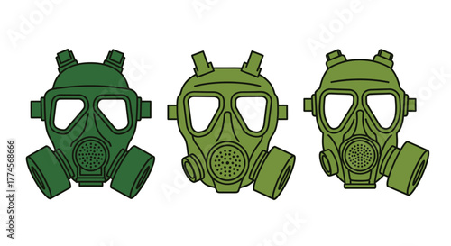 Three Green Gas Masks - Protection Against Airborne Hazards.