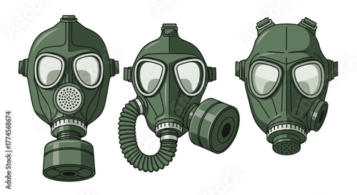 Three Green Gas Masks - Protection Against Airborne Hazards.