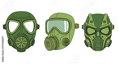 Three Green Gas Masks - Protection Against Airborne Hazards.
