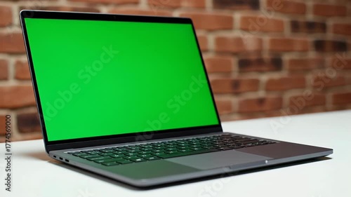 Wallpaper Mural Modern Laptop Displaying Green Screen Against Brick Wall Background on White Surface Torontodigital.ca