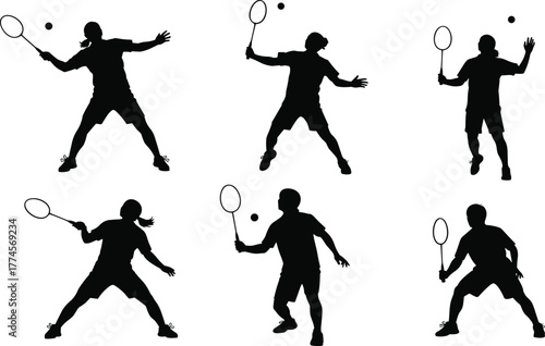 Badminton player silhouettes, action poses, racket swings, shuttlecock interaction, athletic motion, sports icon set, black illustration, dynamic stance