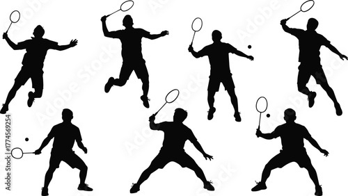 Badminton player silhouettes, dynamic poses, racket swings, shuttlecock interaction, jumping, athletic motion, sports icon set, black illustration