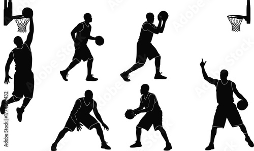 Basketball player silhouettes, action poses, dunking, dribbling, shooting, defending, celebrating, sports icon set, black illustration, motion graphic