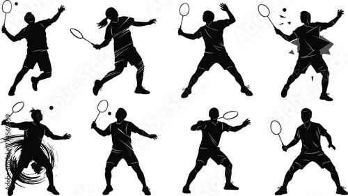Stylized badminton player silhouettes, action poses, racket swings, shuttlecock motion, abstract effects, sports icon set, black illustration